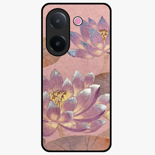 Blossom Mist Lotus Glass Case showing flat back view with serene lotus blossom artwork and glossy glass finish.