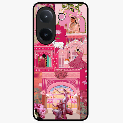 Blossoms of Rajasthan Glass Case showing flat back view with traditional floral artwork inspired by Rajasthan and glossy glass finish.