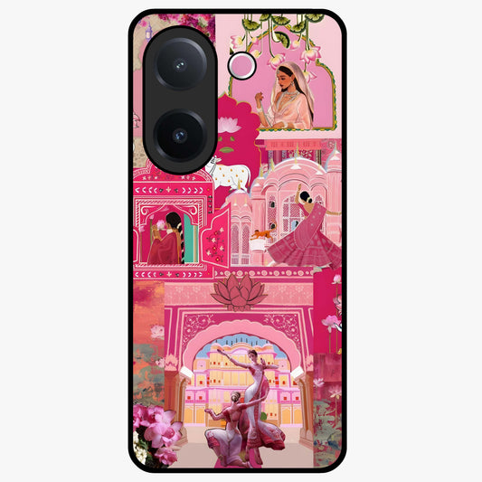 Blossoms of Rajasthan Glass Case showing flat back view with traditional floral artwork inspired by Rajasthan and glossy glass finish.