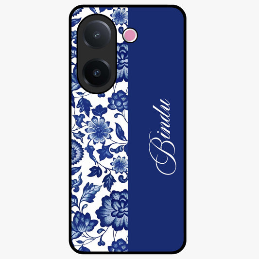 Blue Vintage Floral Pattern Glass Case upright view showcasing timeless floral illustration with vintage inspired style.