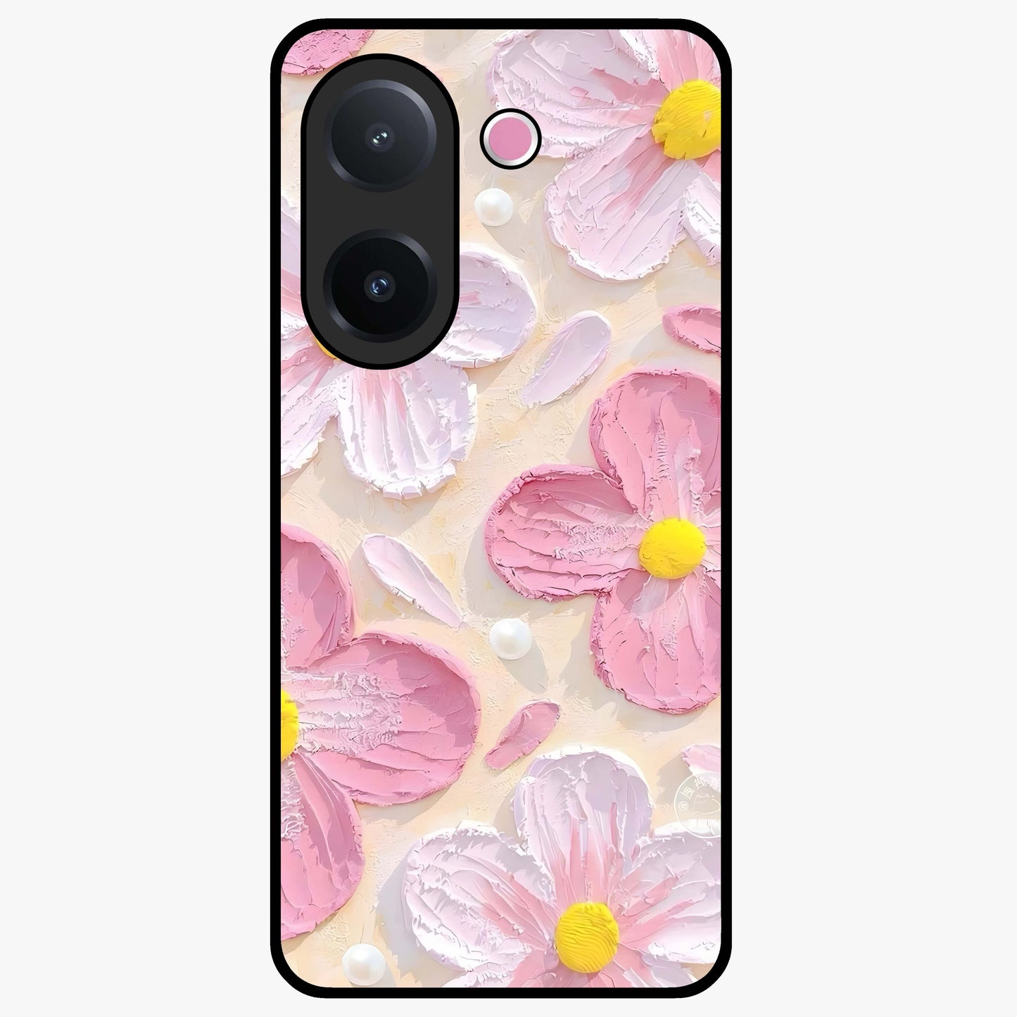 Blush Bloom Texture Glass Case showing flat back view with soft blush floral texture artwork and glossy glass finish.