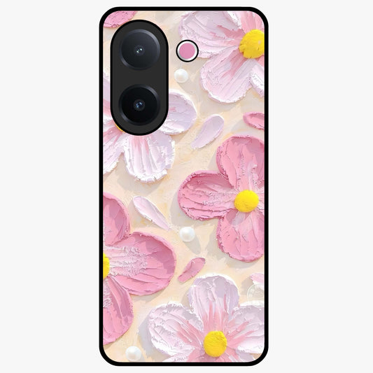 Blush Bloom Texture Glass Case showing flat back view with soft blush floral texture artwork and glossy glass finish.