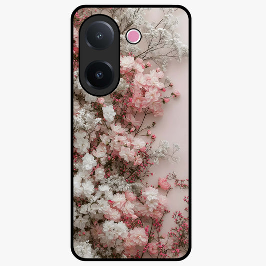 Blush Blossom Cloud Glass Case showing flat back view with dreamy blush cloud blossom artwork and glossy glass finish.
