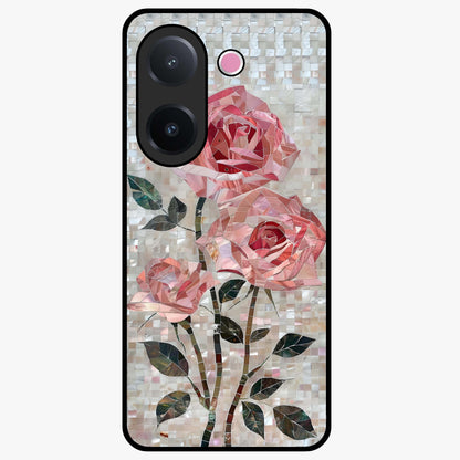 Blush Mosaic Bloom Glass Case showing flat back view with mosaic floral bloom artwork and glossy glass finish.