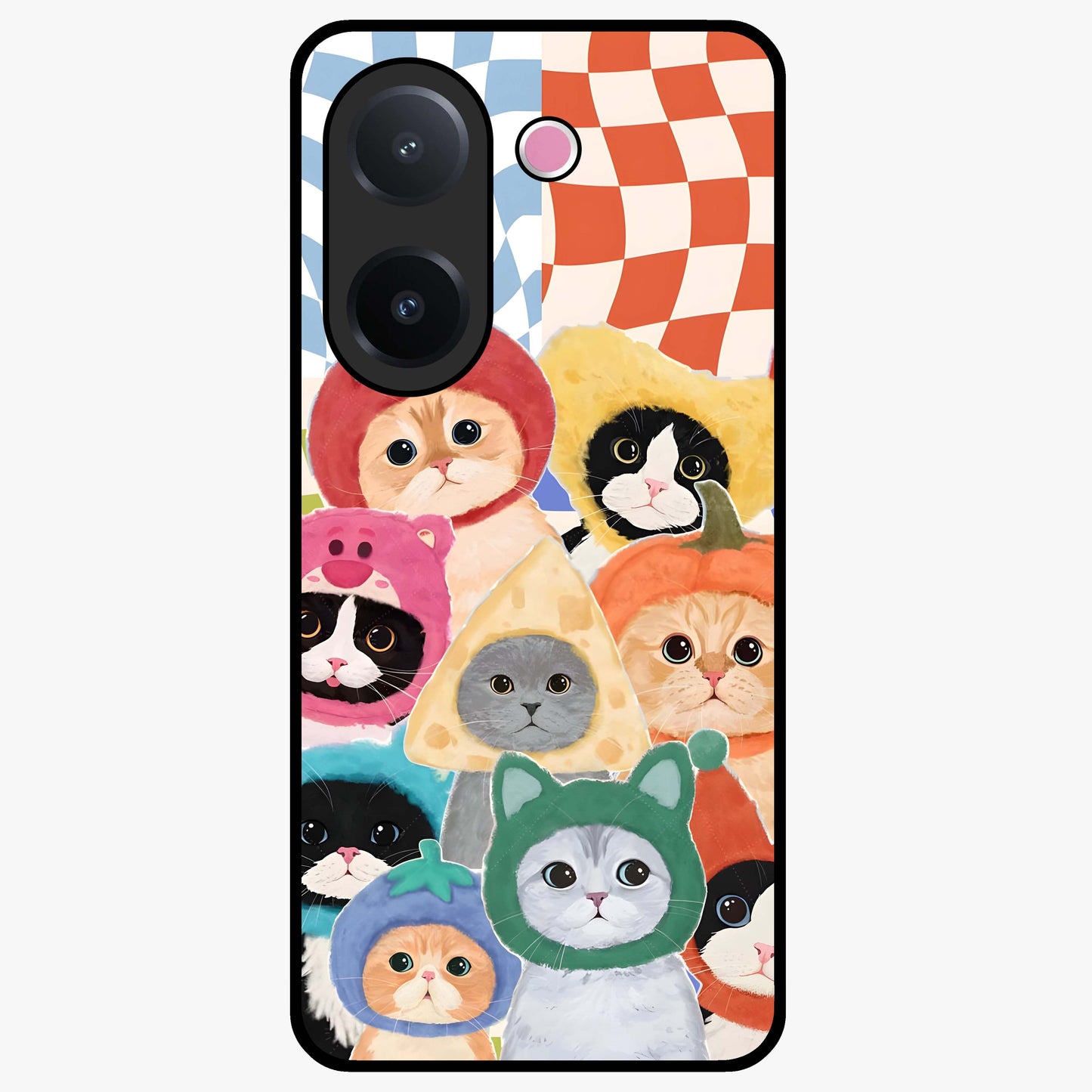 Cats in Fruits Glass Case showing flat back view with playful cat illustrations inside fruit artwork and glossy glass finish.
