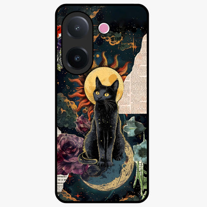 Celestial Black Cat Glass Case showing flat back view with mystical black cat artwork and glossy glass finish.