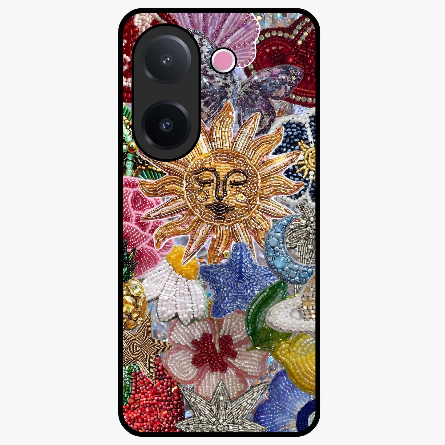 Celestial Floral and Playful Glass Case showing flat back view with floral and celestial themed artwork and glossy glass finish.