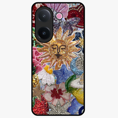 Celestial Floral and Playful Glass Case showing flat back view with floral and celestial themed artwork and glossy glass finish.