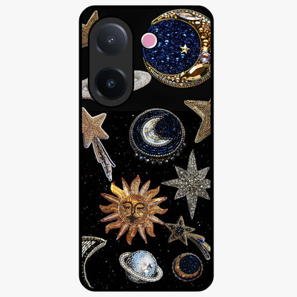 Celestial Gem Constellations Glass Case showing flat back view with sparkling constellation artwork and glossy glass finish.