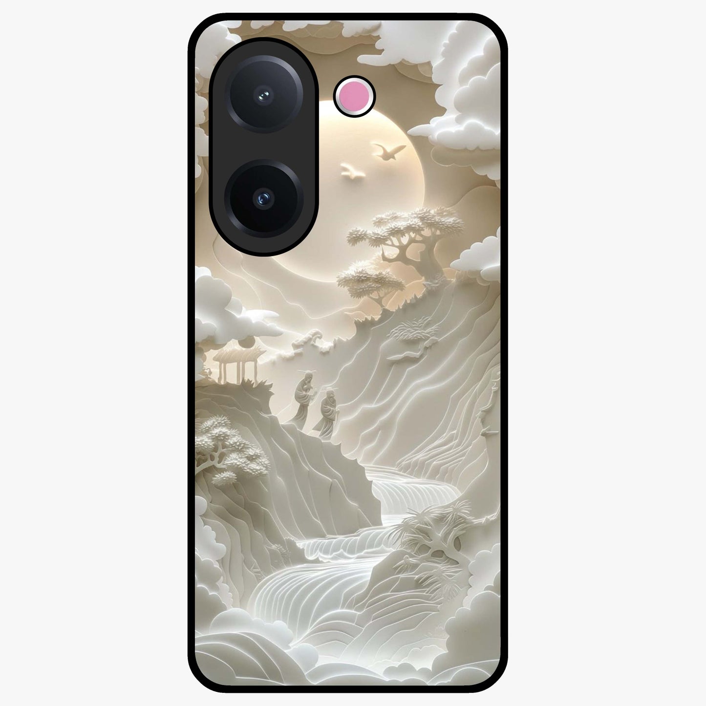 Celestial Origami Glass Case showing flat back view with artistic origami inspired celestial artwork and glossy glass finish.