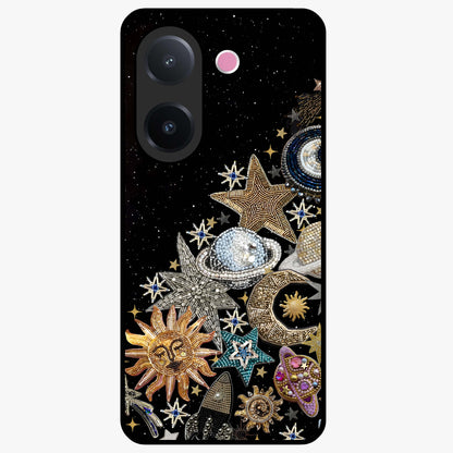 Cosmic Sparkle Dreams Glass Case showing flat back view with sparkling cosmic artwork and glossy glass finish.