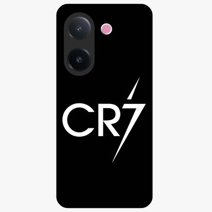 Cr7 Elite Strike Glass Case showing flat back view with dynamic football inspired artwork and glossy glass finish.