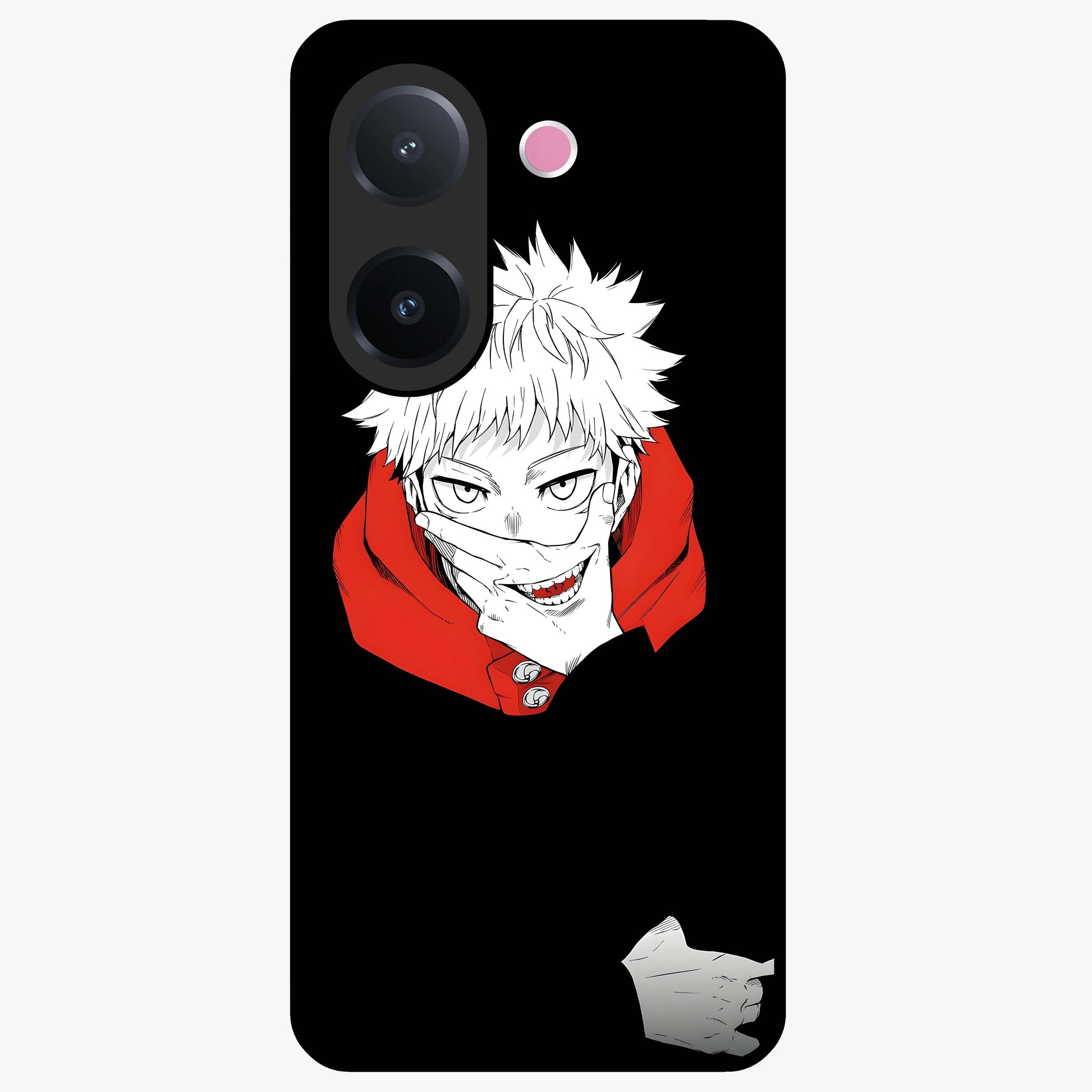 Crimson Chaos Smile Glass Case showing flat back view with bold chaotic smile artwork and glossy glass finish.