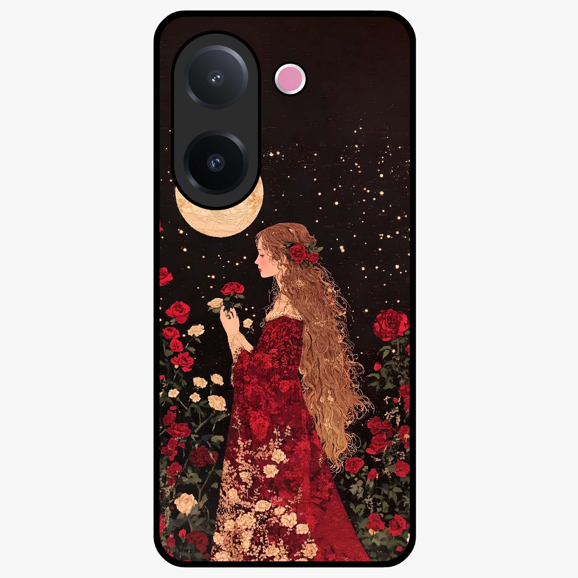 Crimson Dreams Glass Case showing flat back view with dreamy crimson artwork and glossy glass finish.