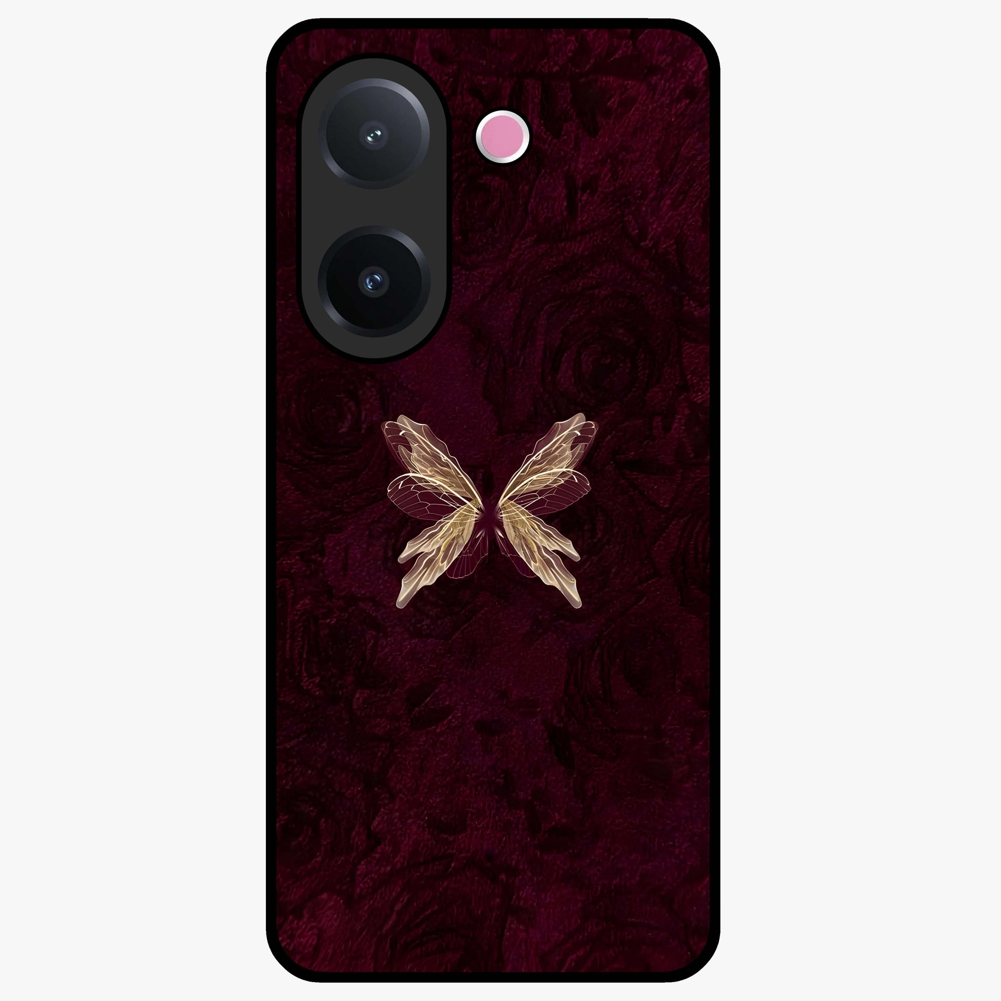 Crimson Fade Butterfly Glass Case showing flat back view with fading butterfly artwork and glossy glass finish.