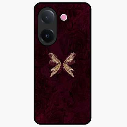 Crimson Fade Butterfly Glass Case showing flat back view with fading butterfly artwork and glossy glass finish.