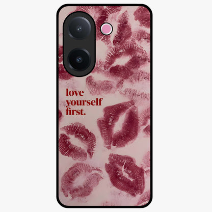 Crimson Kiss Love Glass Case showing flat back view with romantic crimson themed artwork and glossy glass finish.