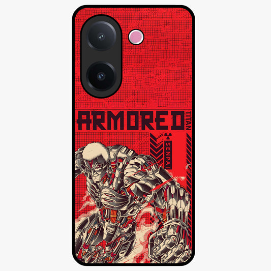 Crimson Mecha Titan Glass Case showing flat back view with powerful mech titan artwork and glossy glass finish.