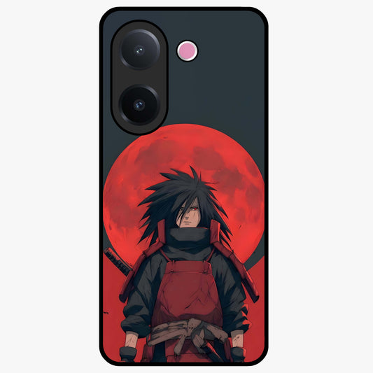 Crimson Moon Warlord Glass Case showing flat back view with mystical moon warrior artwork and glossy glass finish.