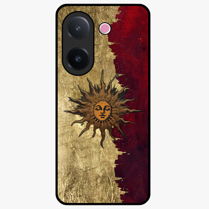 Crimson Sun Majesty Glass Case showing flat back view with radiant sun inspired artwork and glossy glass finish.