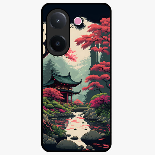 Crimson Temple View Glass Case showing flat back view with temple inspired artwork and glossy glass finish.