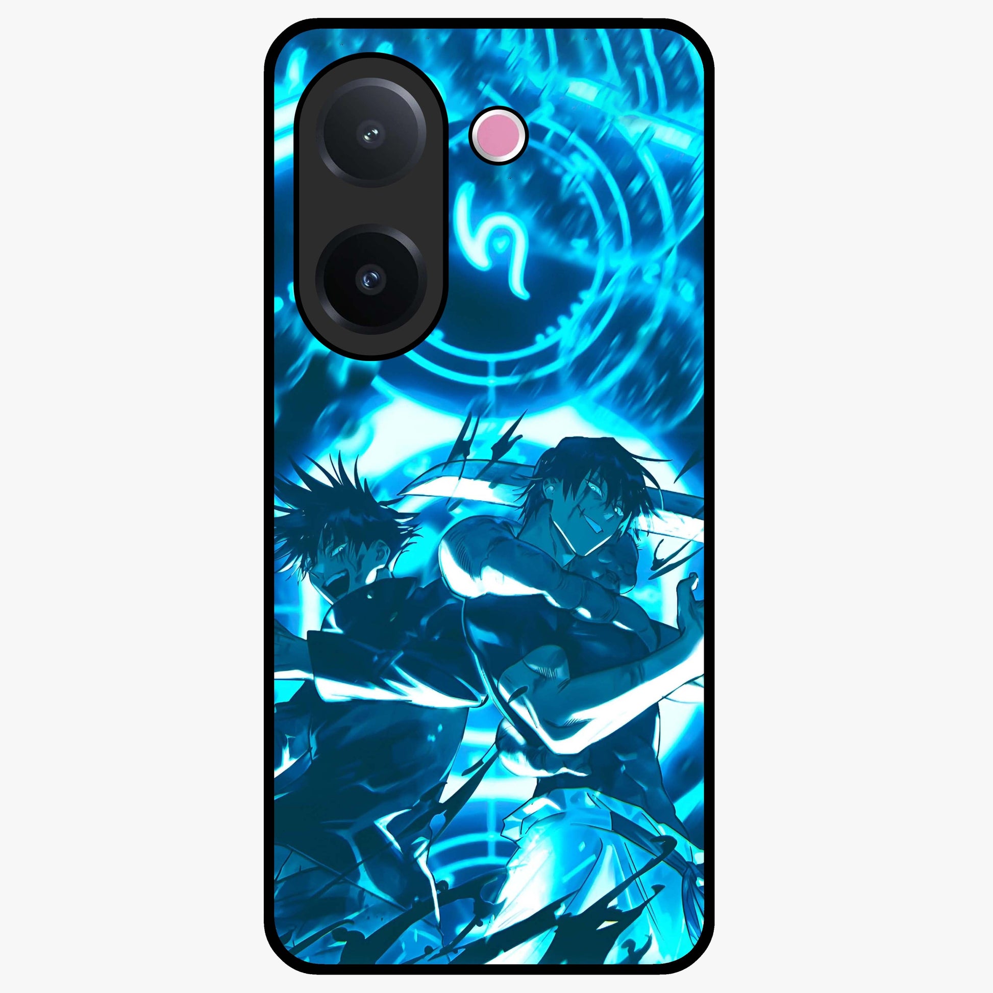 Cursed Energy Clash Glass Case showing flat back view with intense cursed energy artwork and glossy glass finish.