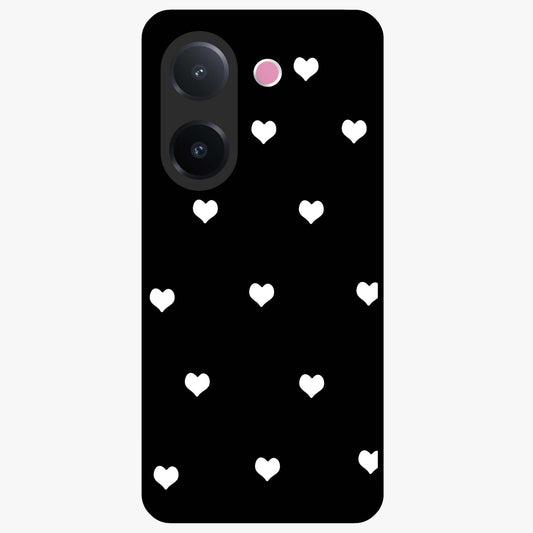 Cute And Simple White Hearts Glass Case showing flat back view with minimal white heart pattern and glossy glass finish.