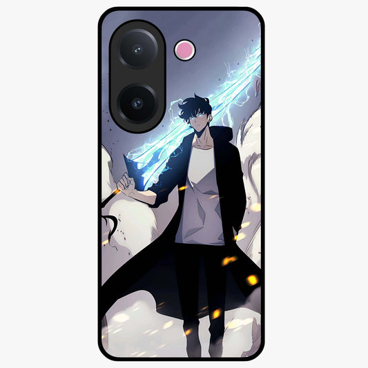 Dark Lightning Anime Warrior Glass Case showing flat back view with intense anime warrior artwork and glossy glass finish.