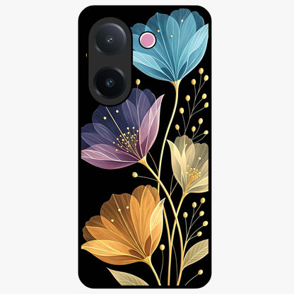 Delicate Multicolor Flowers Glass Case showing flat back view with vibrant floral artwork and glossy glass finish.