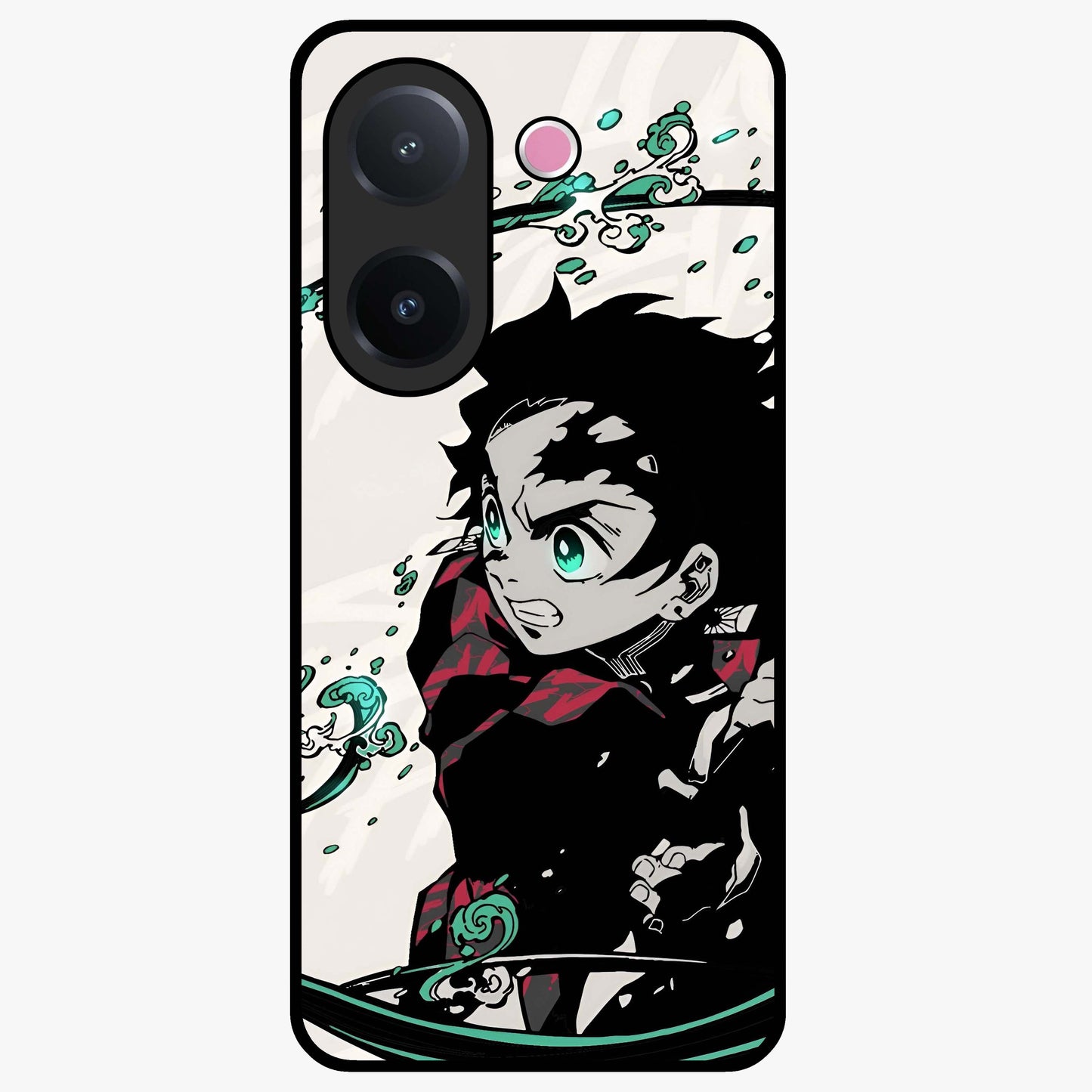 Demon Slayer Glass Case showing flat back view with bold anime inspired artwork and glossy glass finish.