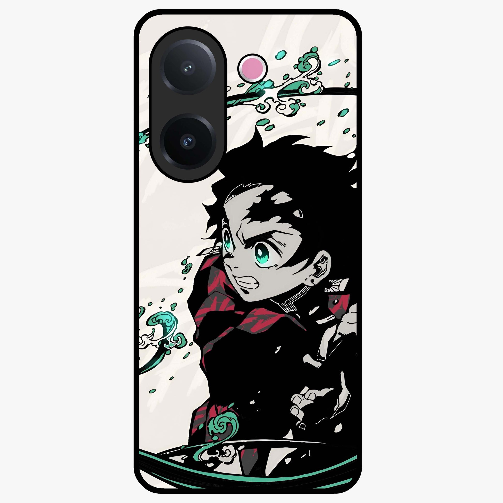 Demon Slayer Glass Case showing flat back view with bold anime inspired artwork and glossy glass finish.