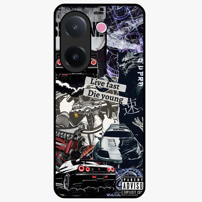 Die Young Glass Case showing flat back view with bold artistic typography design and glossy glass finish.