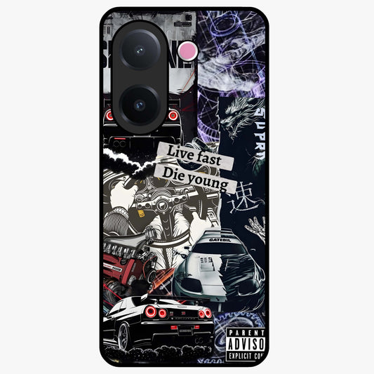 Die Young Glass Case showing flat back view with bold artistic typography design and glossy glass finish.
