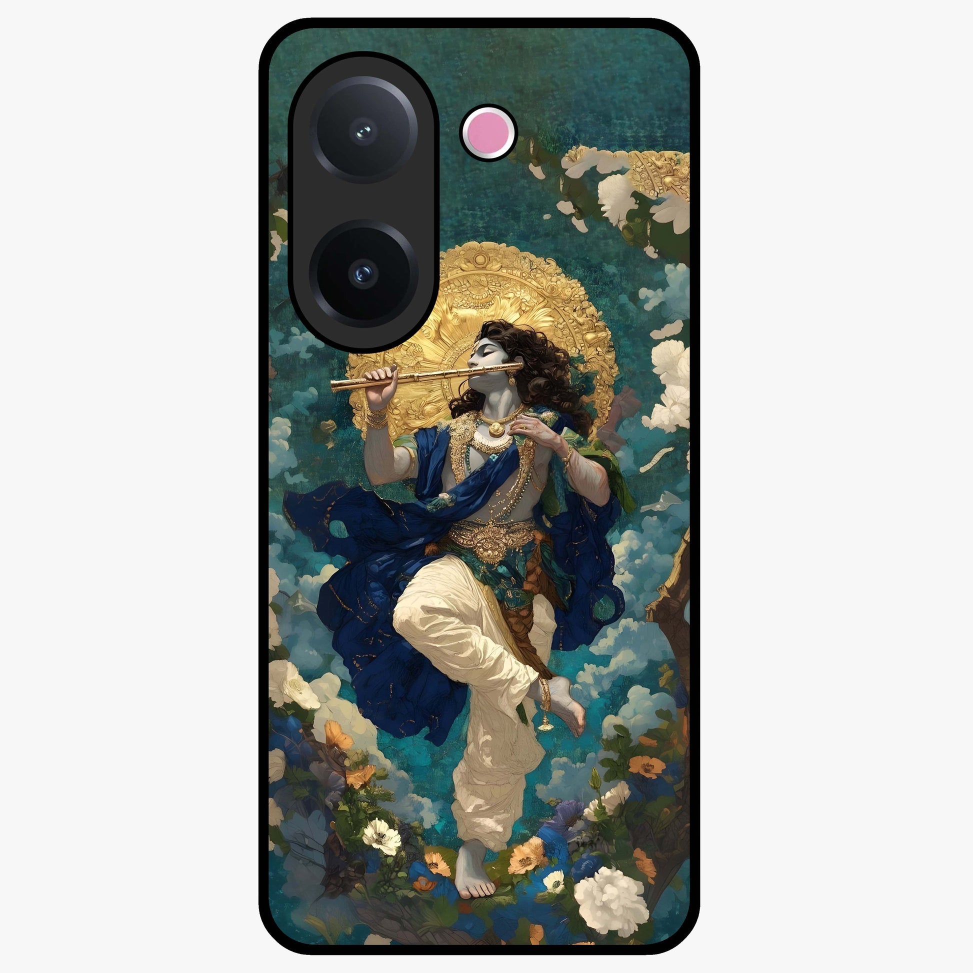 Divine Krishna Art Glass Case showing flat back view with Lord Krishna artwork and glossy glass finish.