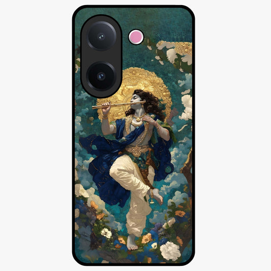 Divine Krishna Art Glass Case showing flat back view with Lord Krishna artwork and glossy glass finish.