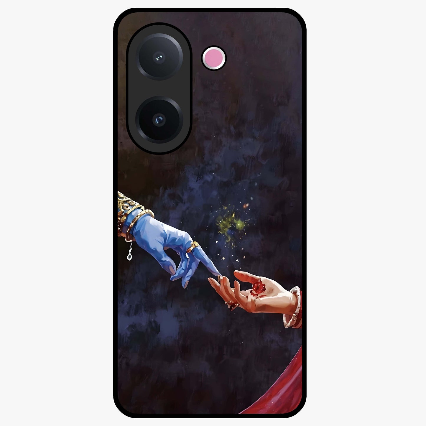 Divine Touch Eternal Glass Case showing flat back view with spiritual themed artwork and glossy glass finish.