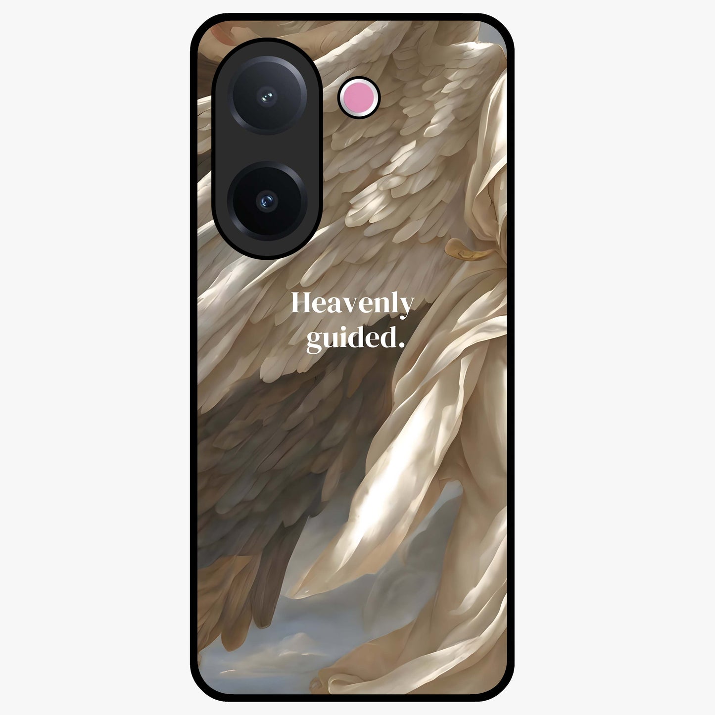 Divine Winged Grace Glass Case showing flat back view with elegant wing inspired artwork and glossy glass finish.