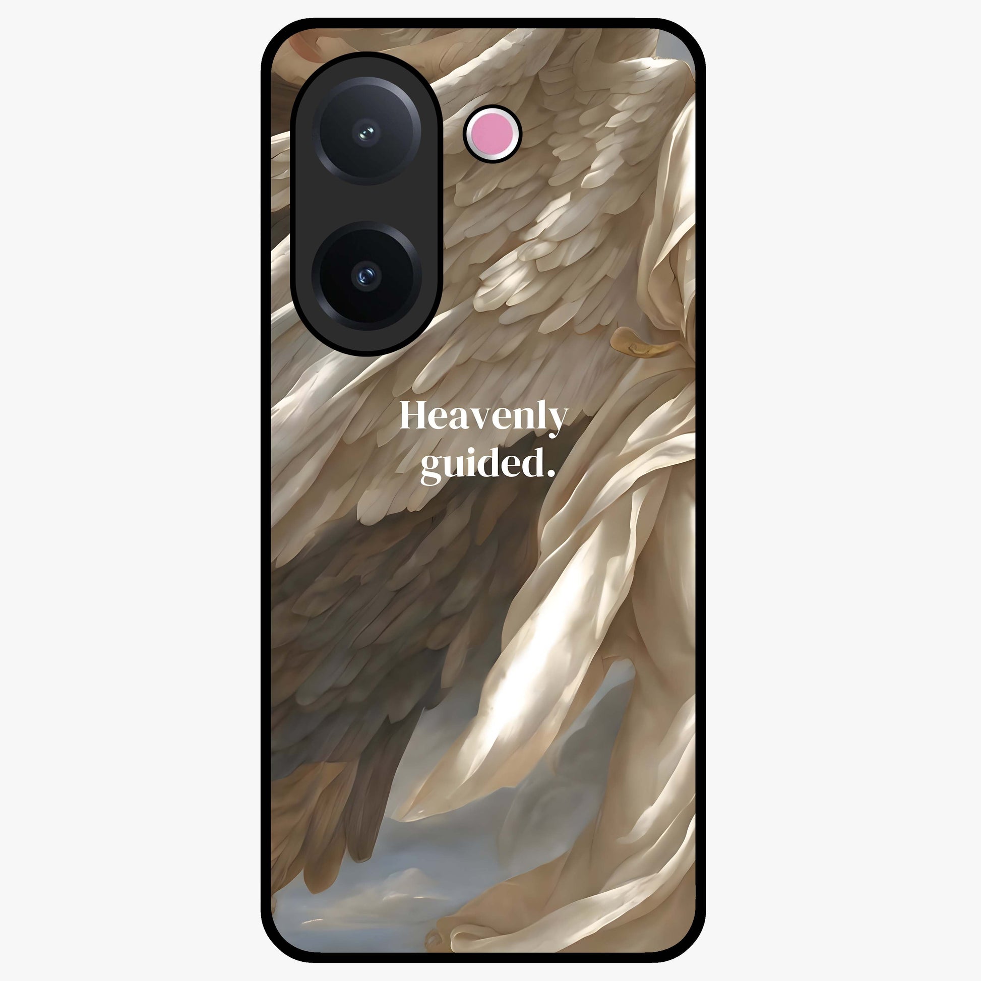 Divine Winged Grace Glass Case showing flat back view with elegant wing inspired artwork and glossy glass finish.