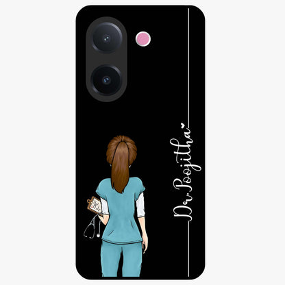 Doctor Pattern Custom Name Glass Case showing flat back view with medical themed pattern and personalized name design.