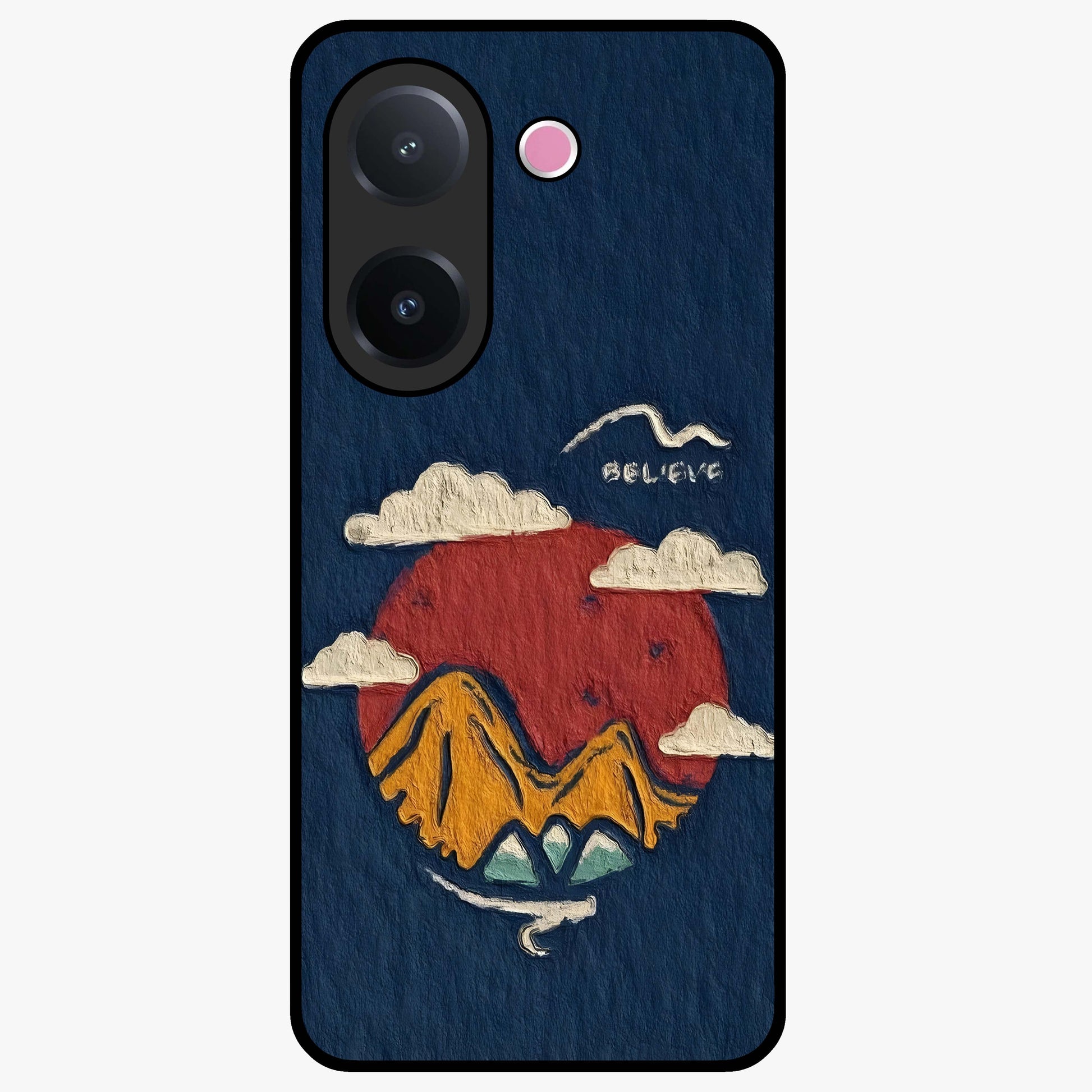 Dream Beyond Mountains Glass Case showing flat back view with scenic mountain landscape artwork and glossy glass finish.