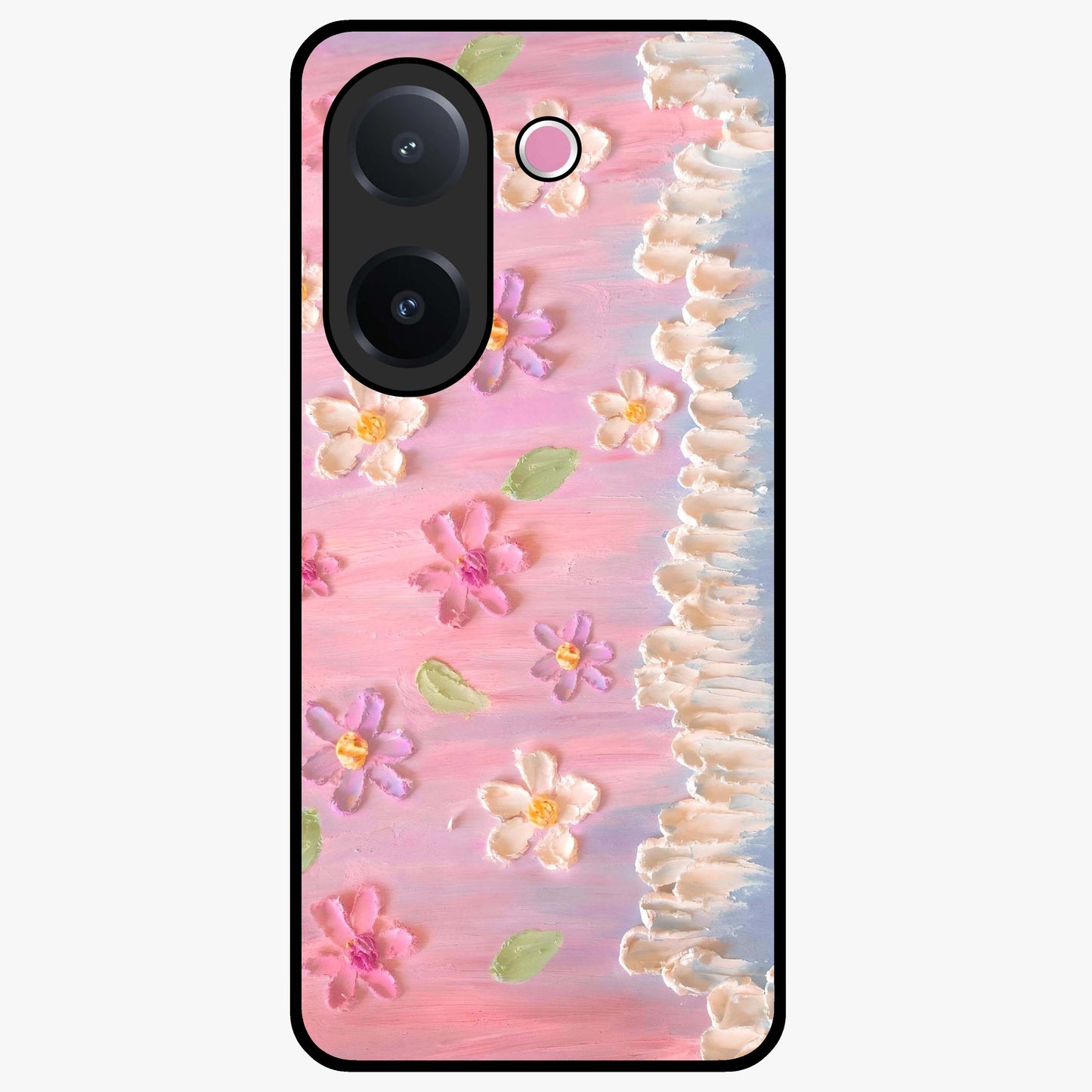 Dreamy Painted Garden Glass Case showing flat back view with artistic painted floral garden artwork and glossy glass finish.