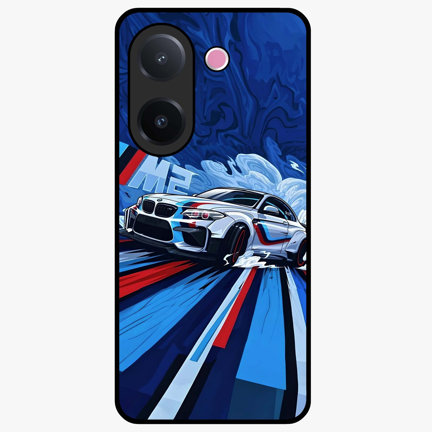 Drift Power Rush Glass Case showing flat back view with dynamic racing inspired artwork and glossy glass finish.