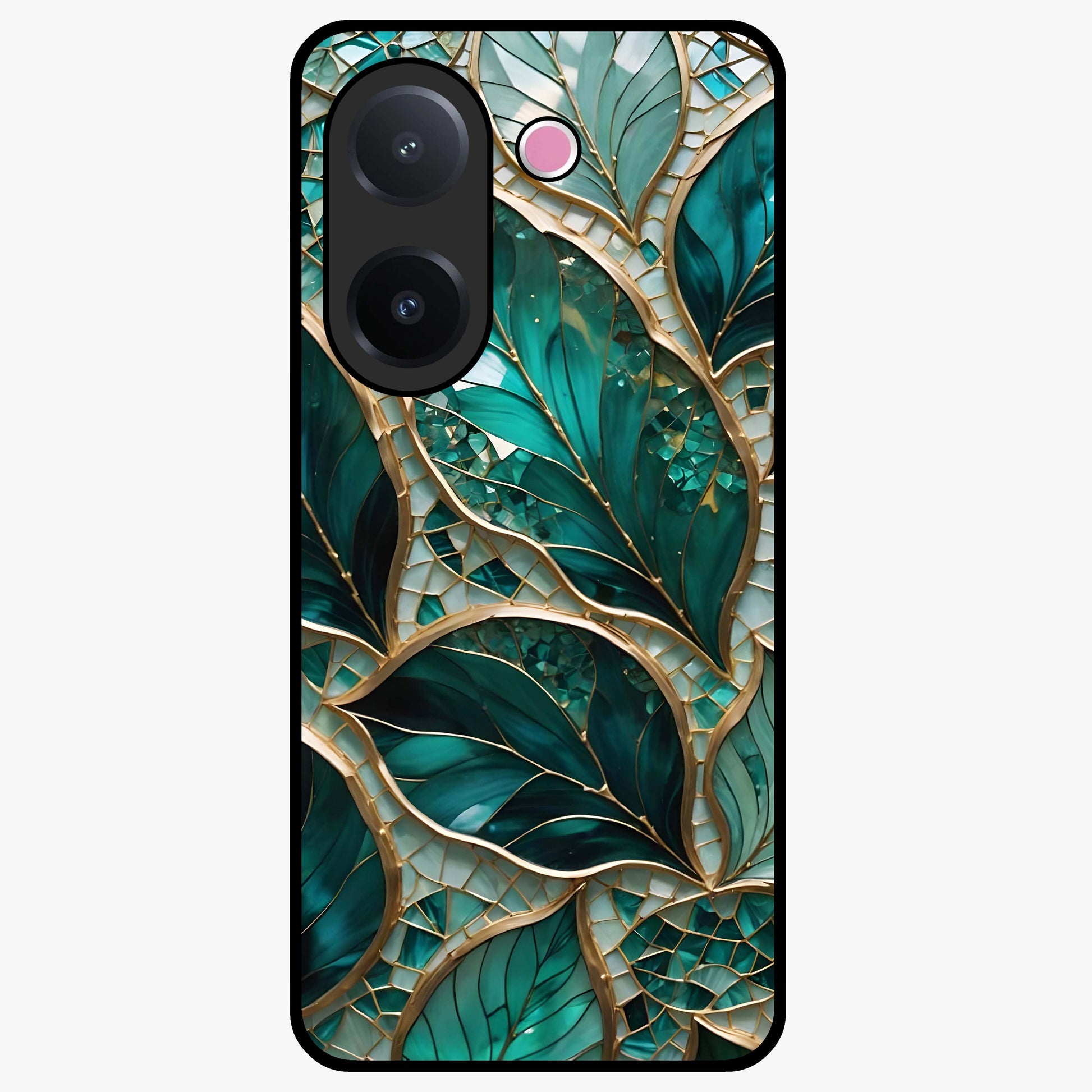 Emerald Leaf Glass Glass Case showing flat back view with emerald green leaf artwork and glossy glass finish.