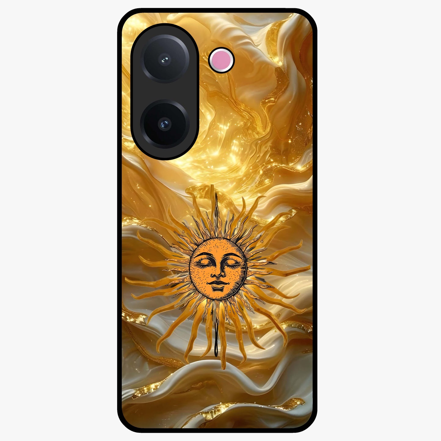 Eternal Golden Glow Glass Case showing flat back view with radiant golden themed artwork and glossy glass finish.