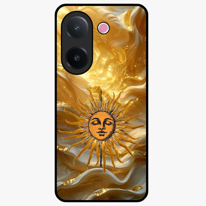 Eternal Golden Glow Glass Case showing flat back view with radiant golden themed artwork and glossy glass finish.