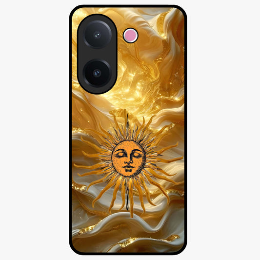Eternal Golden Glow Glass Case showing flat back view with radiant golden themed artwork and glossy glass finish.