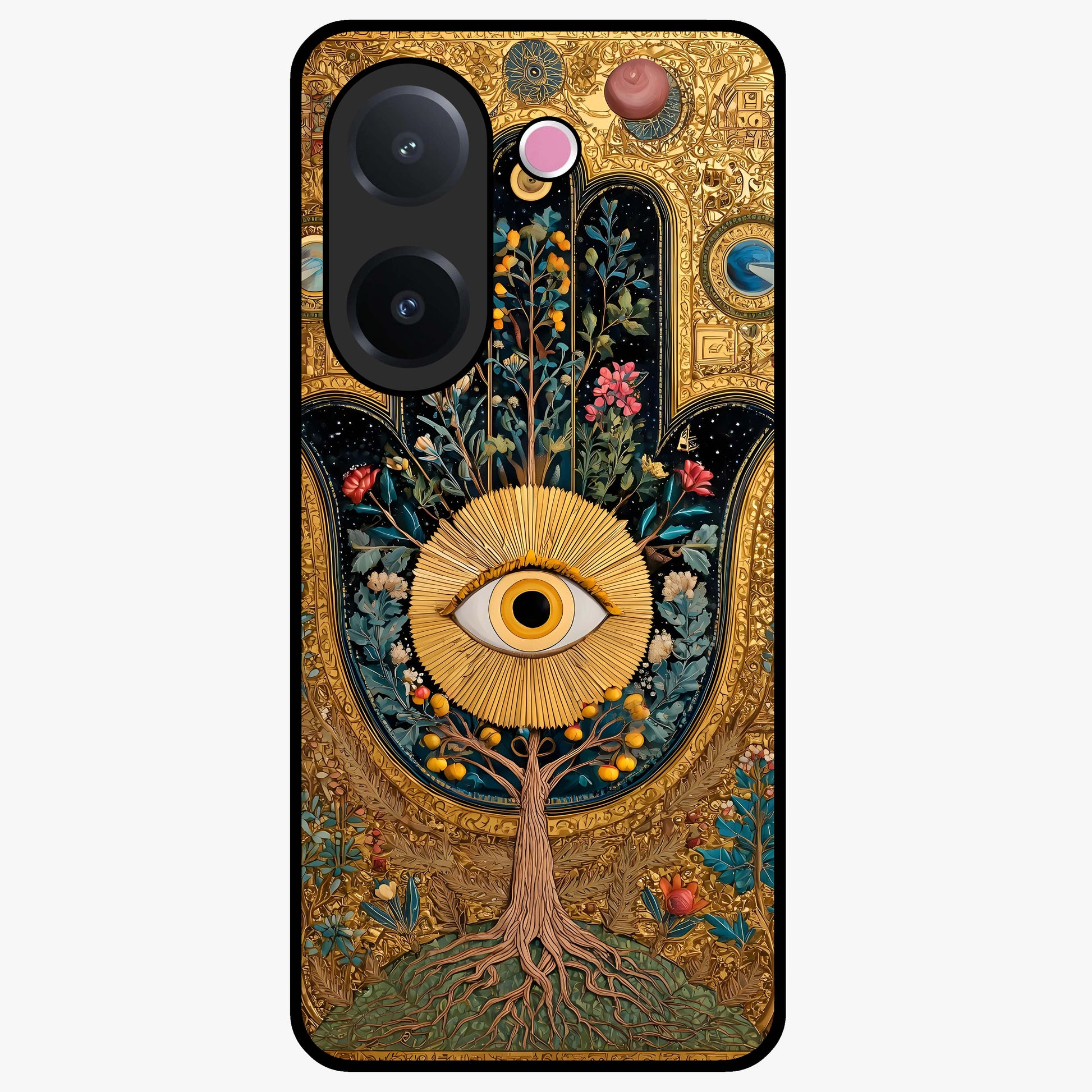 Ethereal Evil Eye Glass Case showing flat back view with mystical evil eye artwork and glossy glass finish.