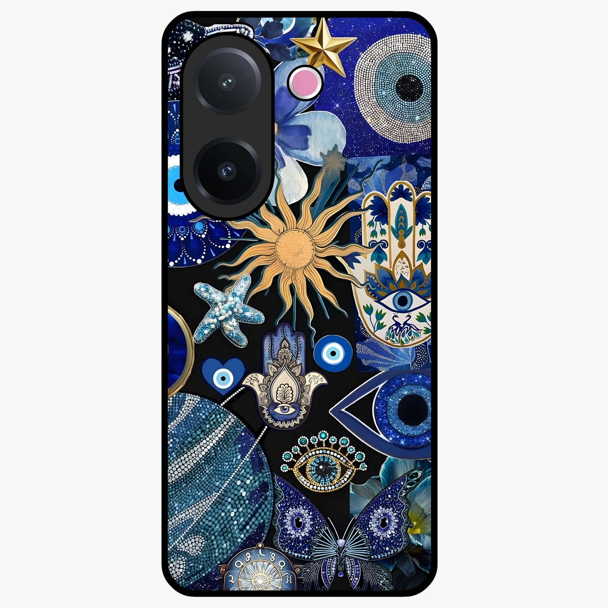 Evil Eye Charm Mix Glass Case showing flat back view with multiple evil eye charms artwork and glossy glass finish.