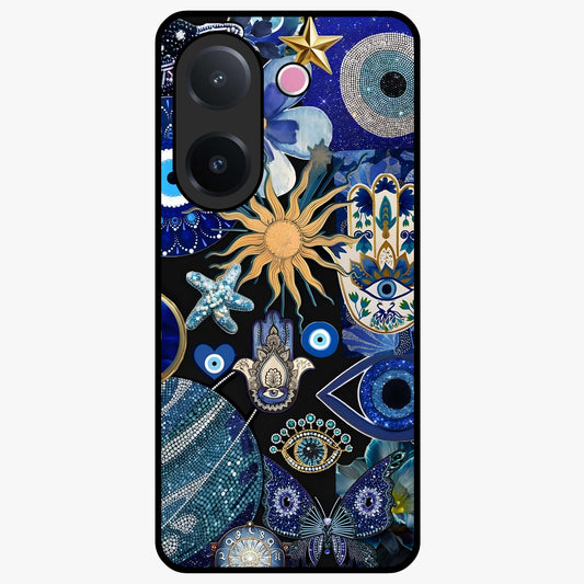 Evil Eye Charm Mix Glass Case showing flat back view with multiple evil eye charms artwork and glossy glass finish.