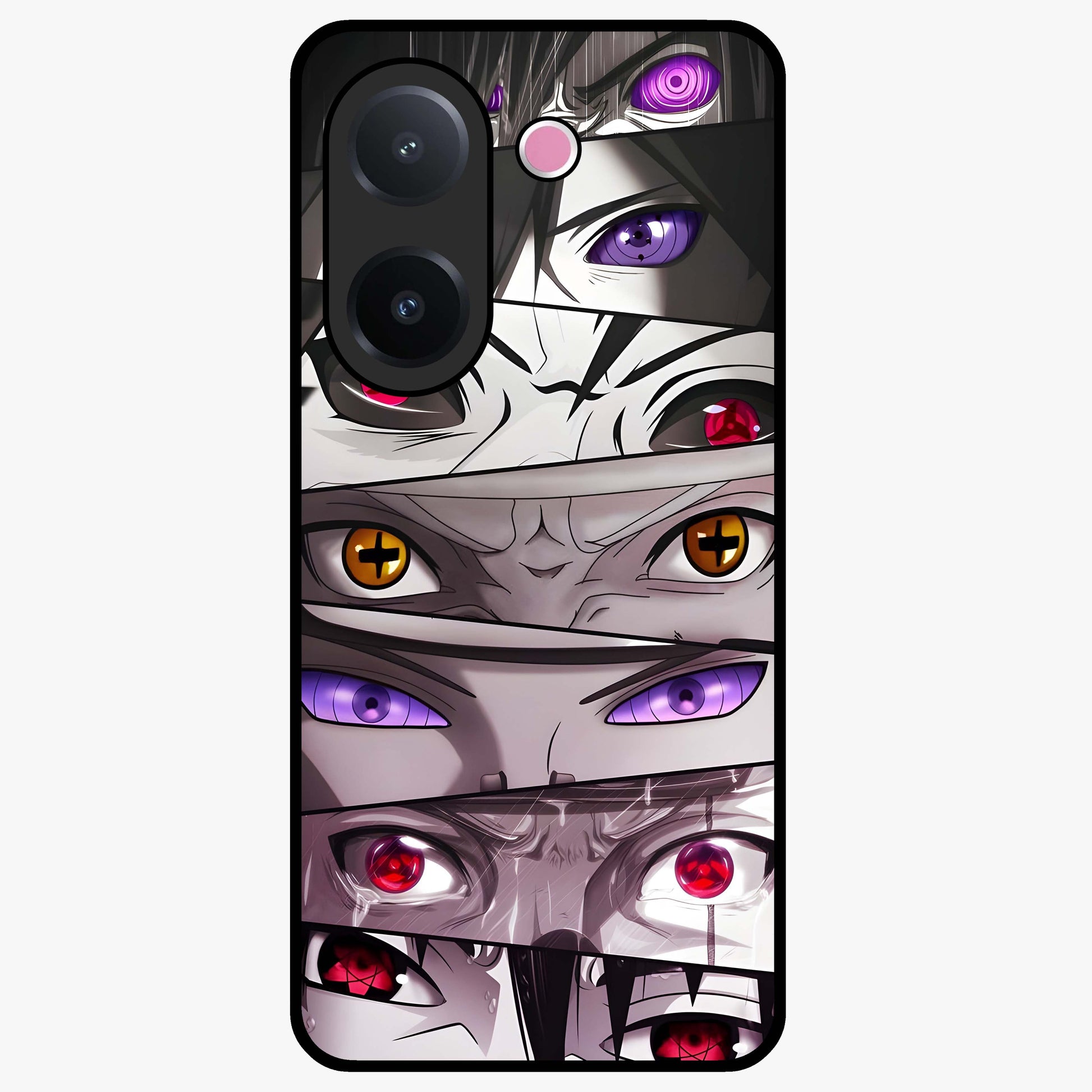 Eyes of Destiny Glass Case showing flat back view with striking eye themed artwork and glossy glass finish.